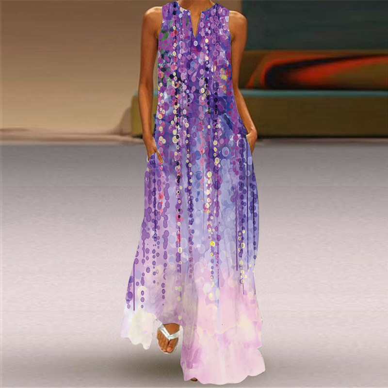 Robe longue sexy sans manches imprimée multicolore à col en V, style rétro européen et américain, collection été 2026_voghion.com