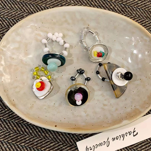 Multi-element Retro Beaded Ring for Women - Trendy, Light Luxury, Unique Design, Index Ring, Cool Style, Elastic Stackable Finger Ring