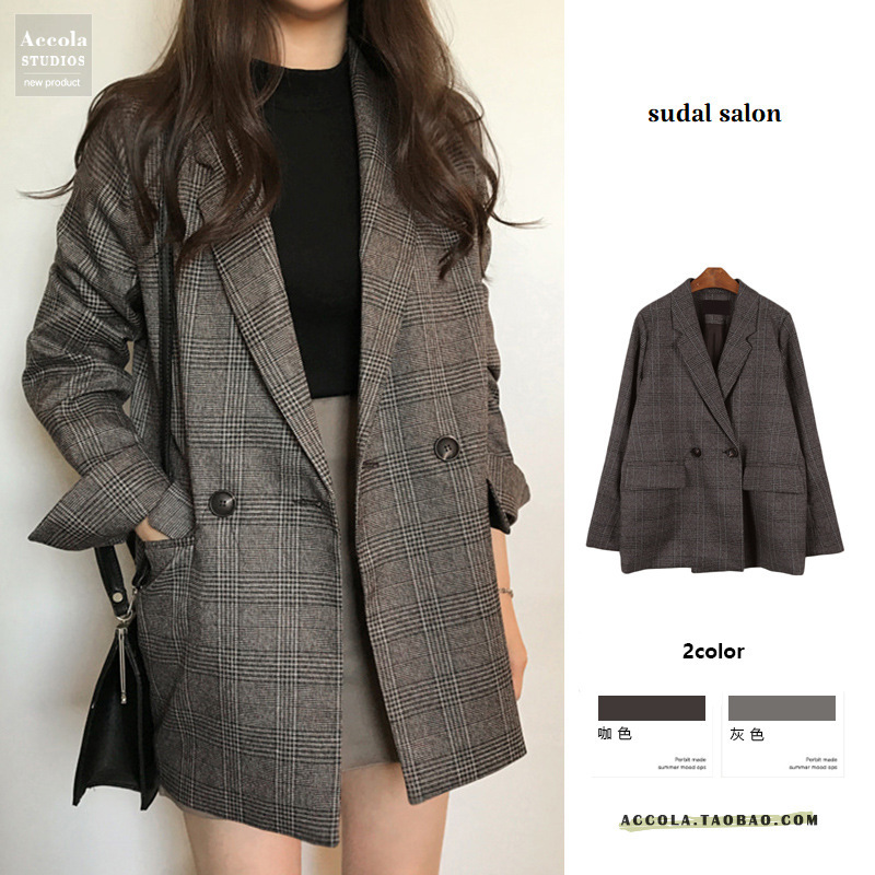 Korean Chic Early Autumn Retro Simple Plaid Lapel Two-Button Loose Double Pocket Long-Sleeve Blazer Jacket for Women