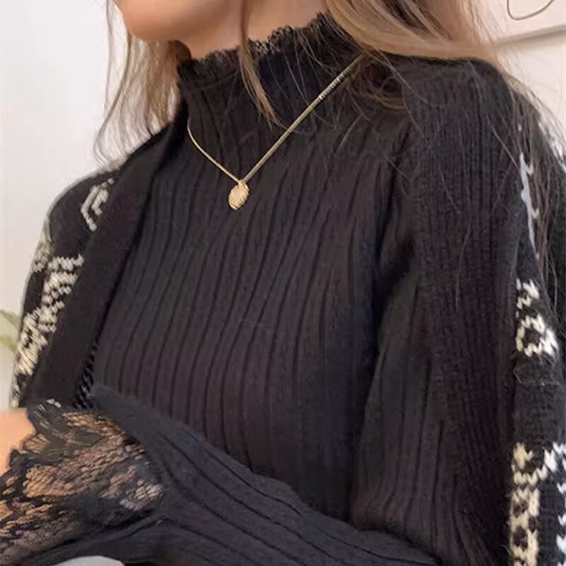 2025 New Half Turtleneck Lace Knitwear Women's Autumn and Winter Versatile Pullover Knitwear with Bottoming Shirt for Women