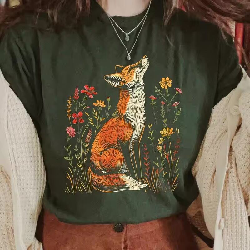 【Cross-Border European Size】Vintage Wildflower Fox Comfortable Shirt Lightweight Academic Cottagecore Forestco