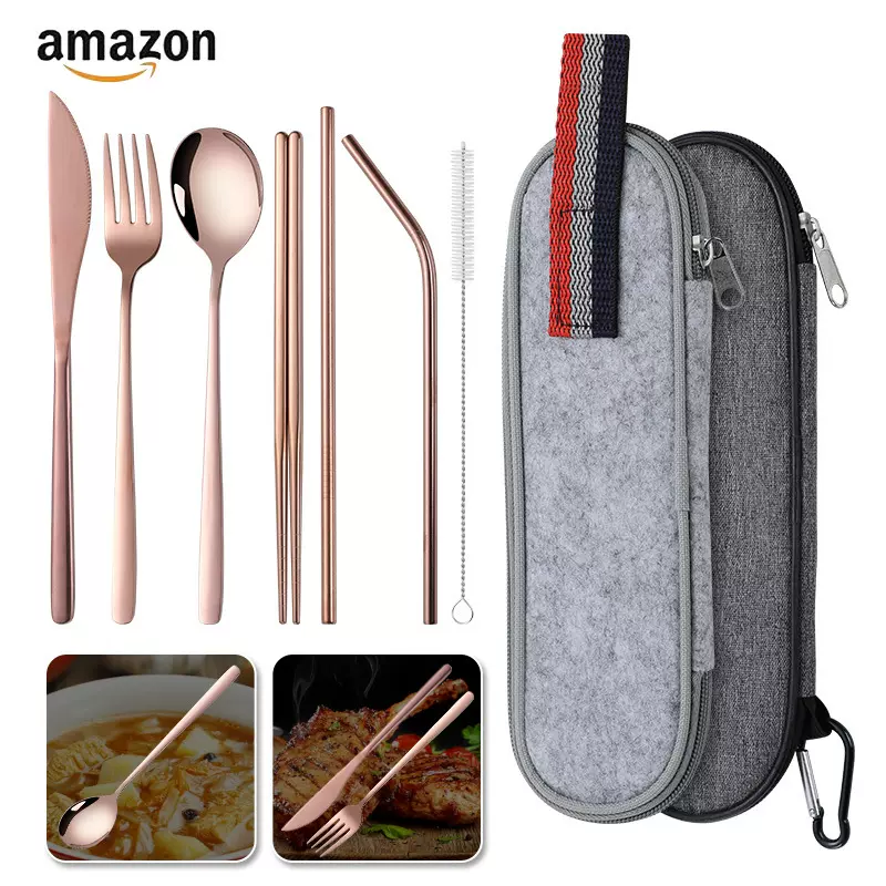 跨境304不锈钢便携餐具叉子筷子勺子一套户外露营旅行刀叉勺套装