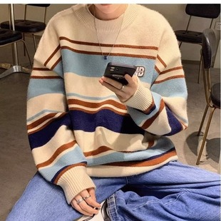 Japanese Retro Men's and Women's Loose Striped Base Shirt Sweater Spring and Autumn Fashion Contrast Color Knitted Top