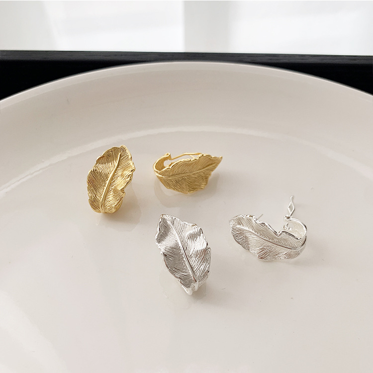 925銀針金銀色葉子造型個性設計感ins風耳釘冷淡風耳環女新款耳飾
