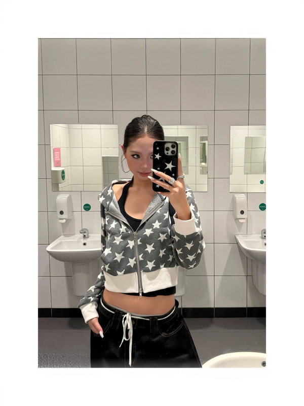 美式复古星星连帽开衫卫衣女短款辣妹休闲外套春秋设计感小众上衣|undefined
