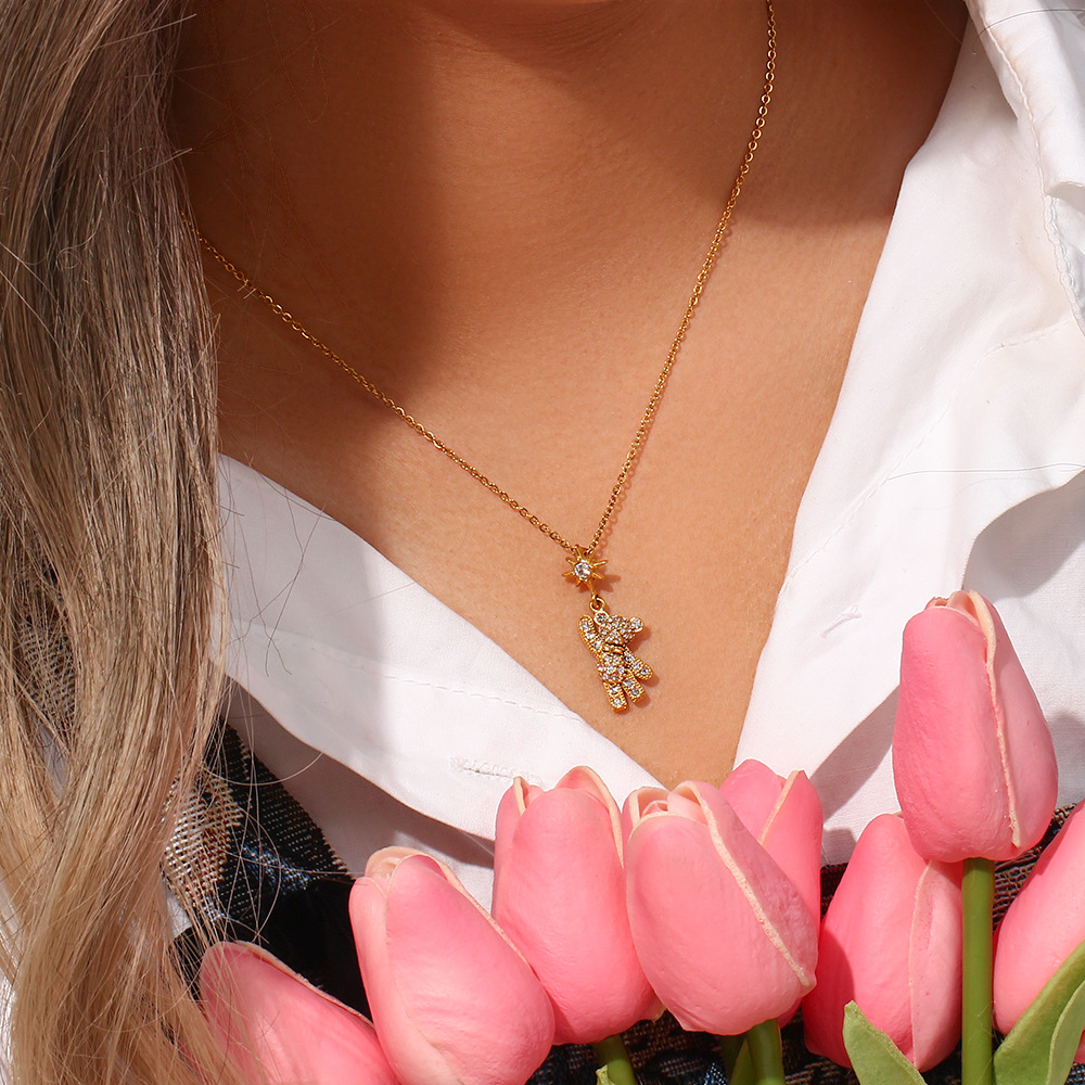Sweet Sun Bear Stainless Steel Necklace Plating Inlay Zircon Stainless Steel Necklaces