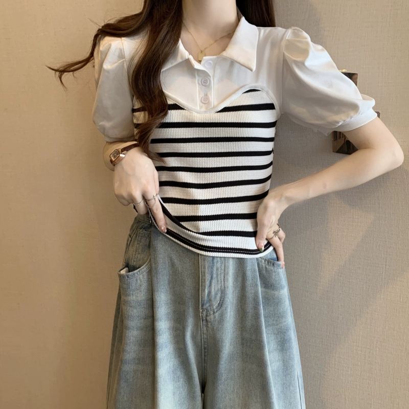 Женский топ-поло из двух частей, летняя новая футболка большого размера для полных девушек, утягивающая живот, закрывающая правое плечо, футболка в полоску с короткими рукавами