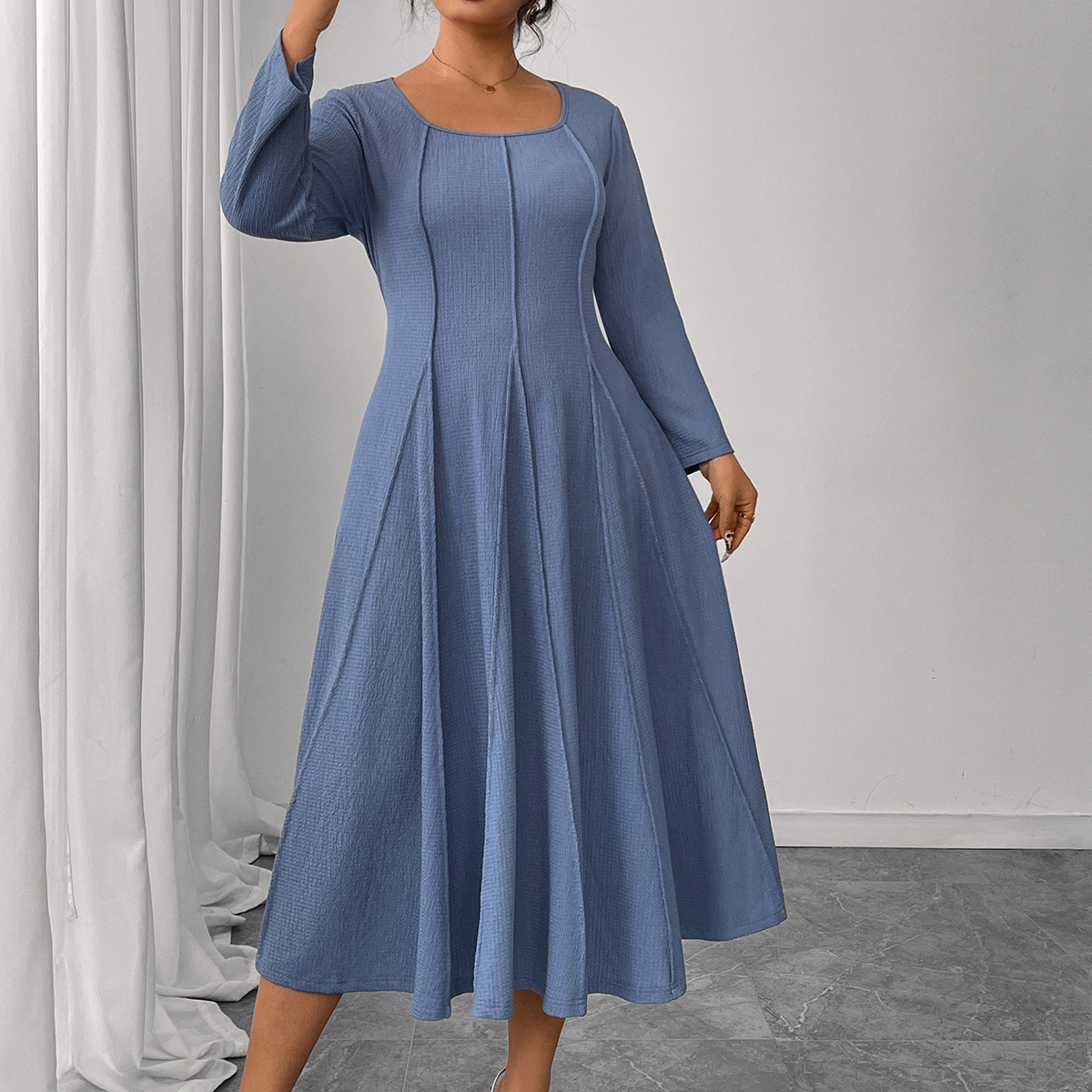 New long-sleeved dress for early autumn in European and American foreign trade. Amazon square collar, plus-size, loose, high-waisted, slimming long dress for chubby girls