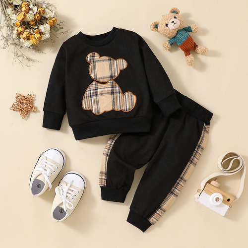 Cross-border INS Infant Boys' Summer Plaid Bear Patchwork Embroidered Long-sleeved Top and Long Pants Fashionable Suit