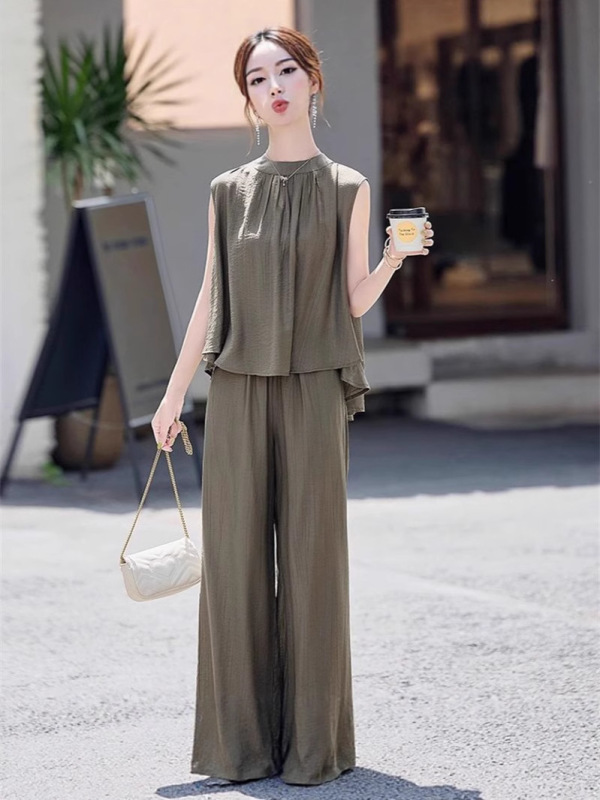 ワイドレッグパンツスーツ2025夏の新スタイルファッショナブルなスリムルーズスタイルノースリーブベストカジュアル2点セット|undefined