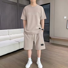 跨境夏季短裤短袖潮流半袖夏装字母钢印圆领T恤休闲运动套装男士
