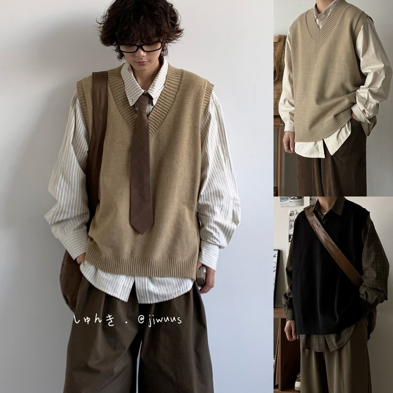 V-Neck Vest Knitwear Men's Layered Slit Sleeveless Waistcoat Autumn and Winter Sweater Foreign Trade Cross-Border Wholesale