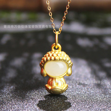 直播爆款古法银3D莲花无面佛s925银镀金镶和田玉吊坠寺庙活动批发