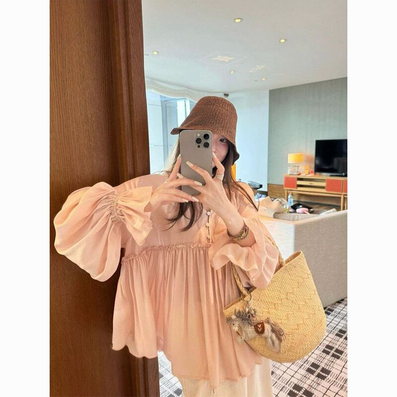 French-Style Sweet Ruffled Fairy A-Line Doll Shirt Top for Women, Loose and Versatile Lantern Sleeve Blouse