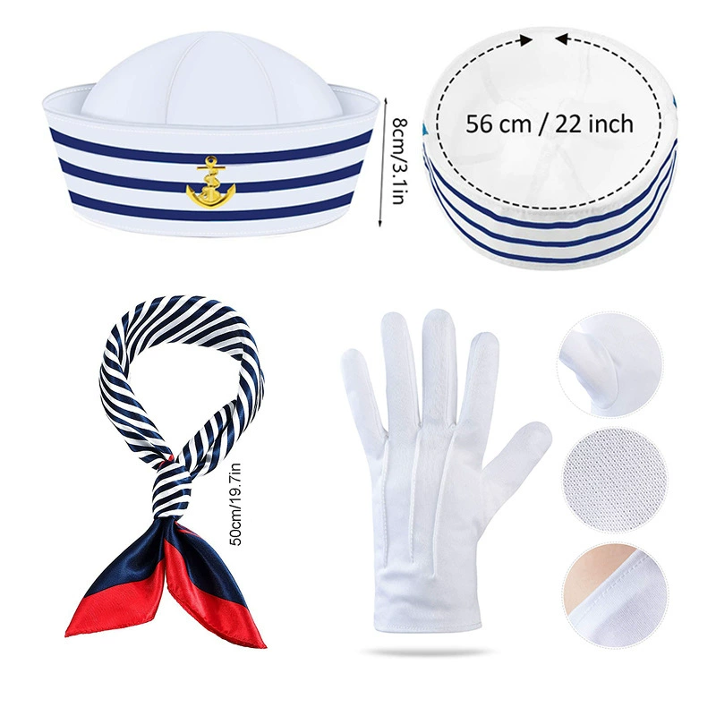 Sailor cosplay set — hat and navy scarf, sizes 56/58/adjustable, hat & accessory options