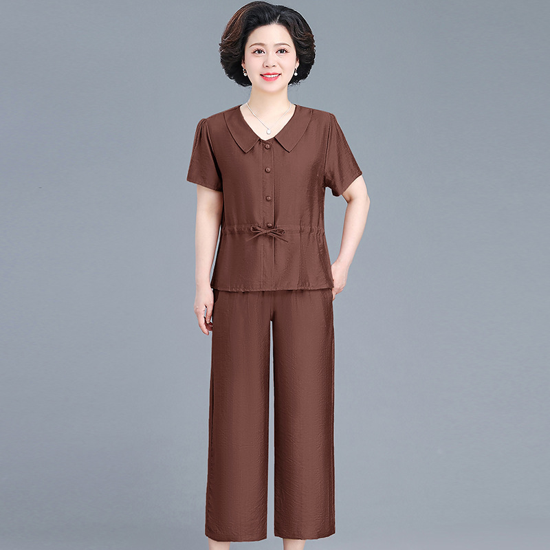 ファッショナブルな太ったママの夏のファッショナブルなツーピースパンツスーツ中高年女性の夏の半袖シャツワイドレッグパンツ上下セット|undefined