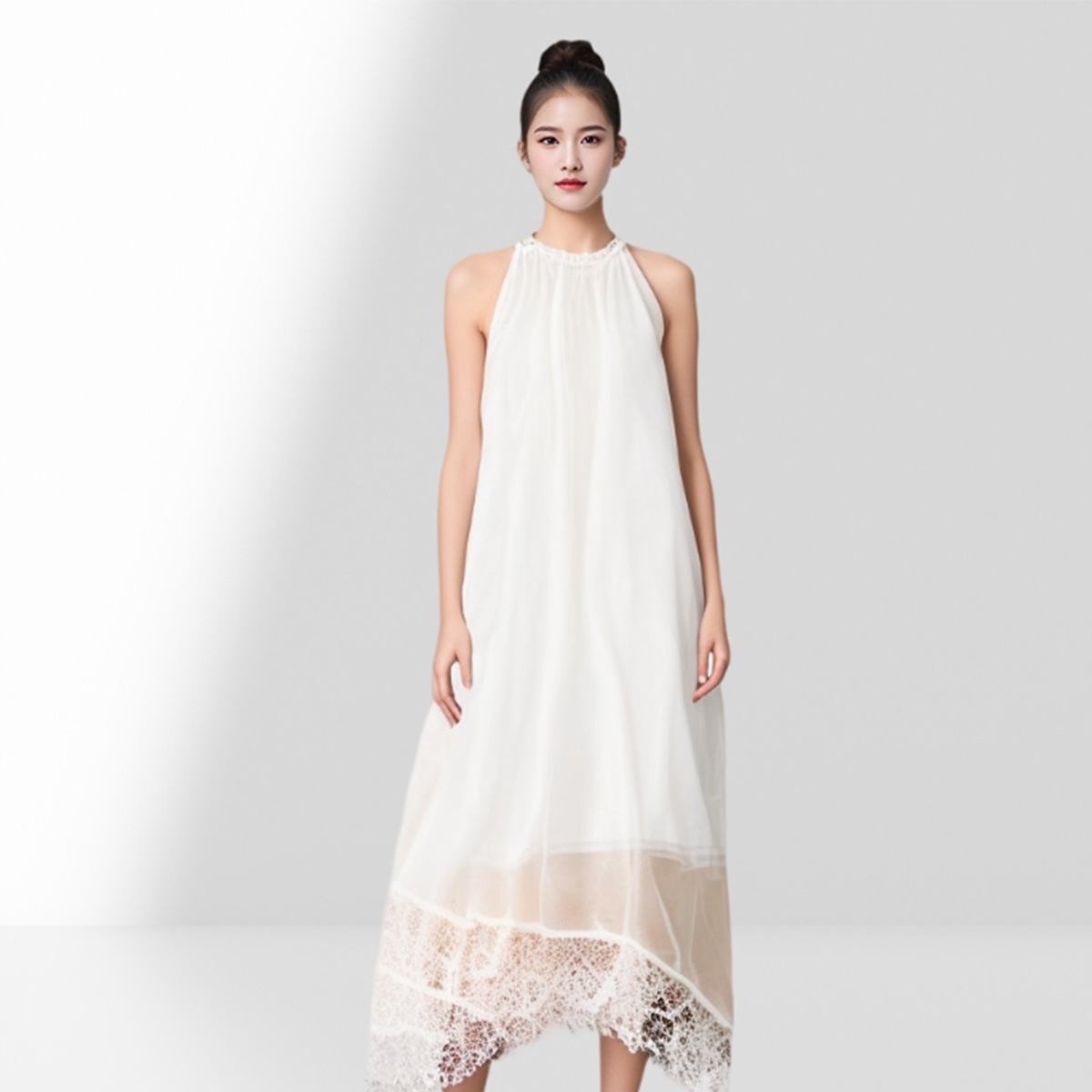 Lace white shiffon long beach dress