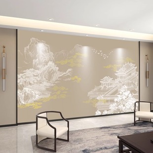New Chinese Style Pavilion Tv Background Wall Cloth Living Room Wallpaper Sofa Decorative Wall Cloth Mural Line Drawing Wallpaper