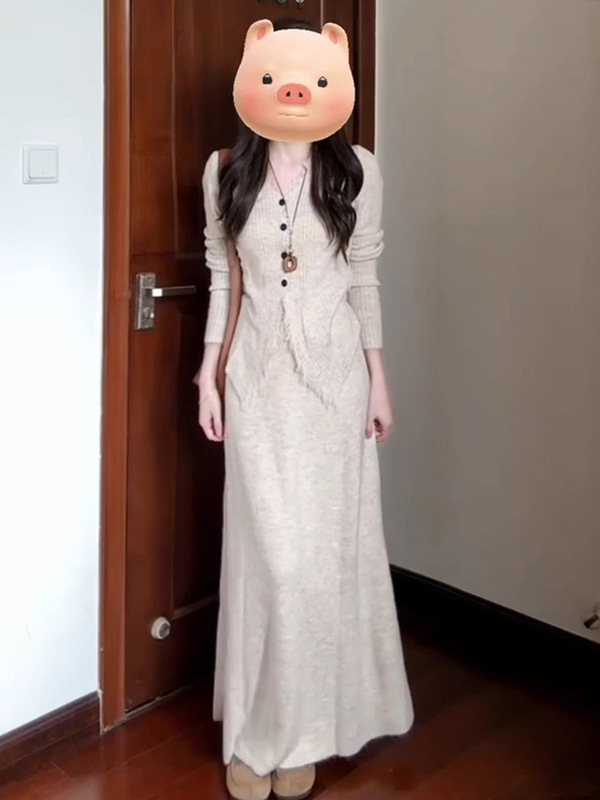巨好看长袖针织连衣裙子女2025早秋季新款小香风韩系穿搭套装长裙|undefined