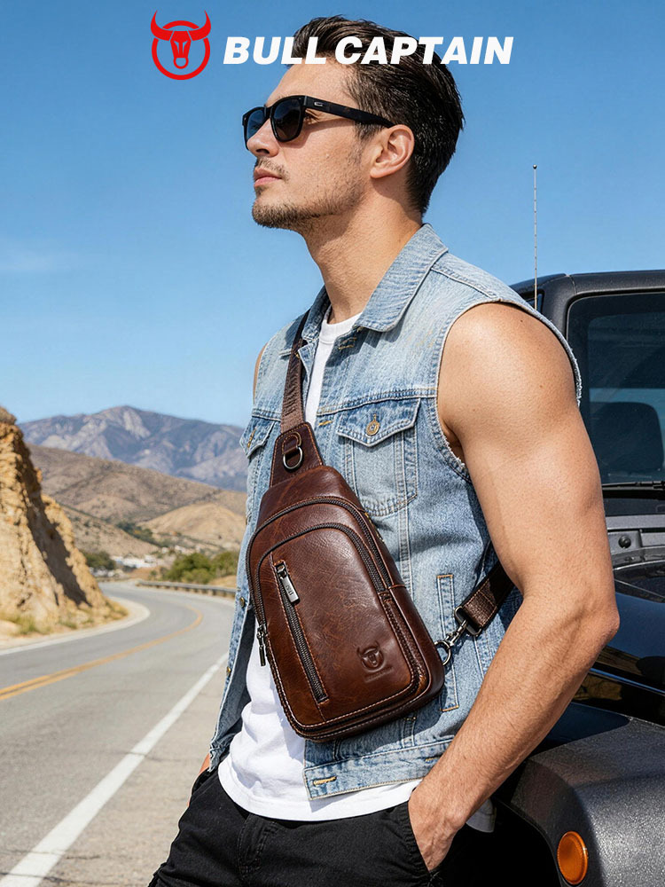 Capitán NIU hombres de cuero hombro crossbody pecho bolsa primera capa de piel de vaca moda multi-funcional deportes casual pecho bolsa