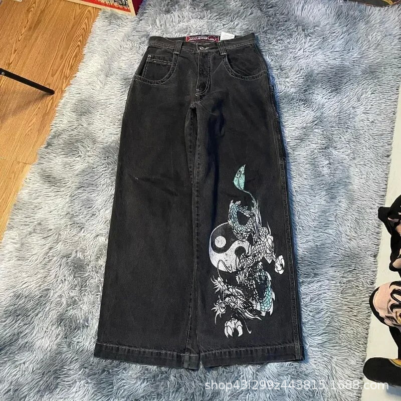 国境を越えた電気商JNCO Y2Kゆるいジーンズ男性レトロ刺繍ヒップホップストリート原宿男性ワイドパンツ|undefined