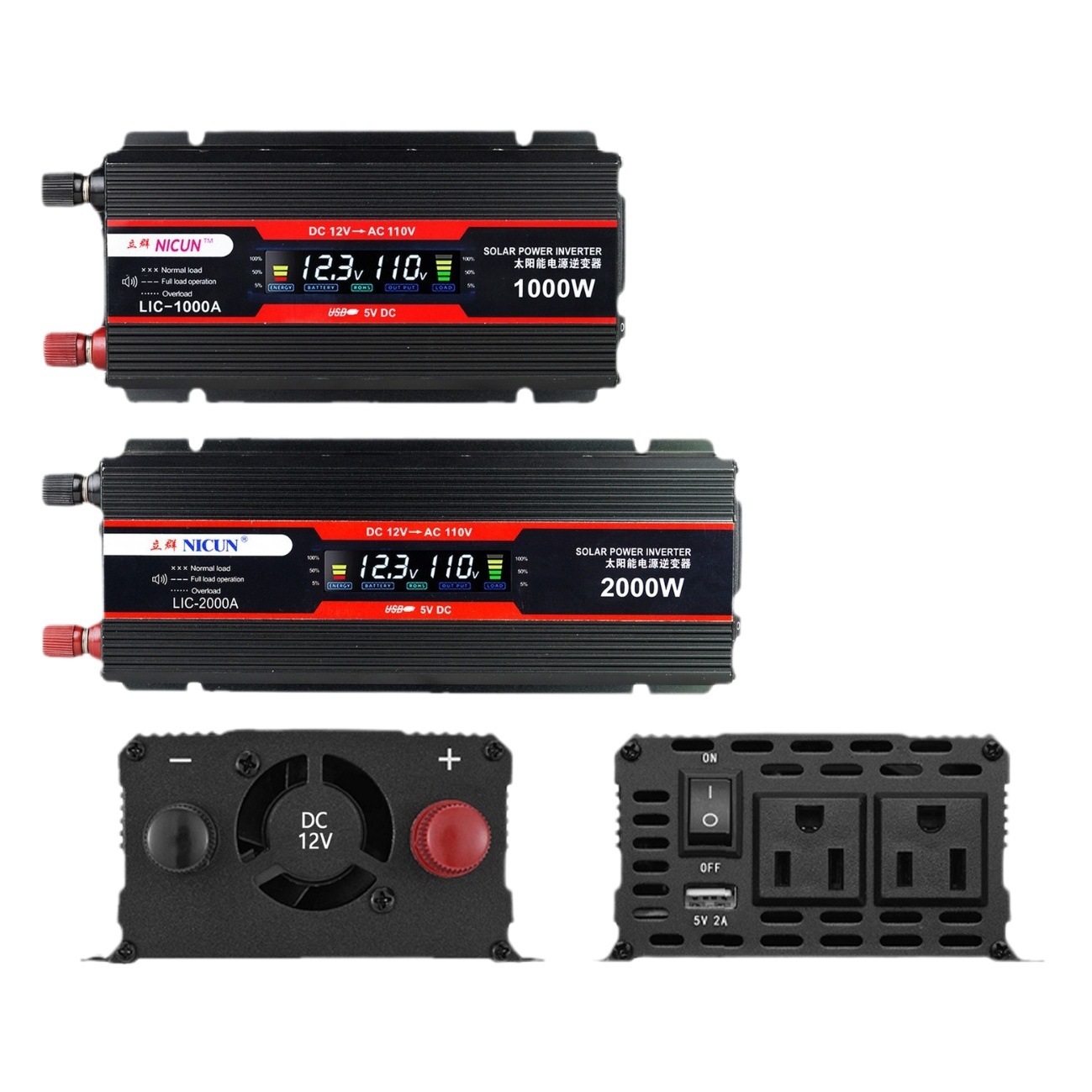 Inversor de Corriente para Automóvil con Pantalla LCD Digital Transfronteriza, Estándar Estadounidense, Amazon, Doble Voltaje de 12-24v a 110v, Alta Potencia de 6000W