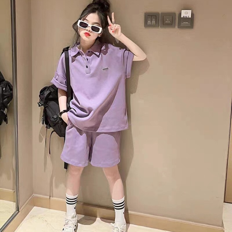 Girls Summer Suit 2025 New Style Kidsren's Fashionable Summer Short-Sleeved Polo Shirt for Older Girls Sports Summer Style