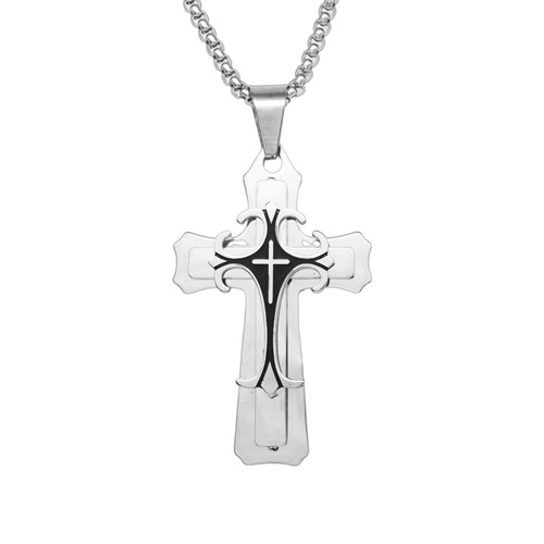 Cross-border personality domineering three-layer cross pendant punk hip-hop European and American long trendy men's titanium steel necklace