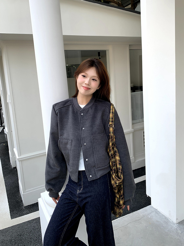 橘子树在哪儿老钱风毛呢棒球服外套女秋季设计感百搭短款夹克上衣|undefined