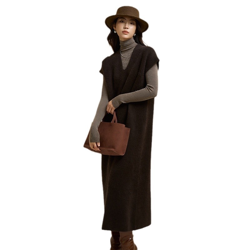 MAILLARD  RACCOON VELVET V-NECK 원피스 여성 24 가을 | 겨울 새로운 소프트 왁스 스택 니트 롱 스커트 스택 스웨터