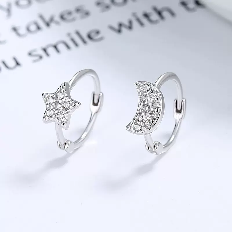 星月不对称耳环女925纯银简约ins小巧耳骨环星星月亮耳扣小众饰品