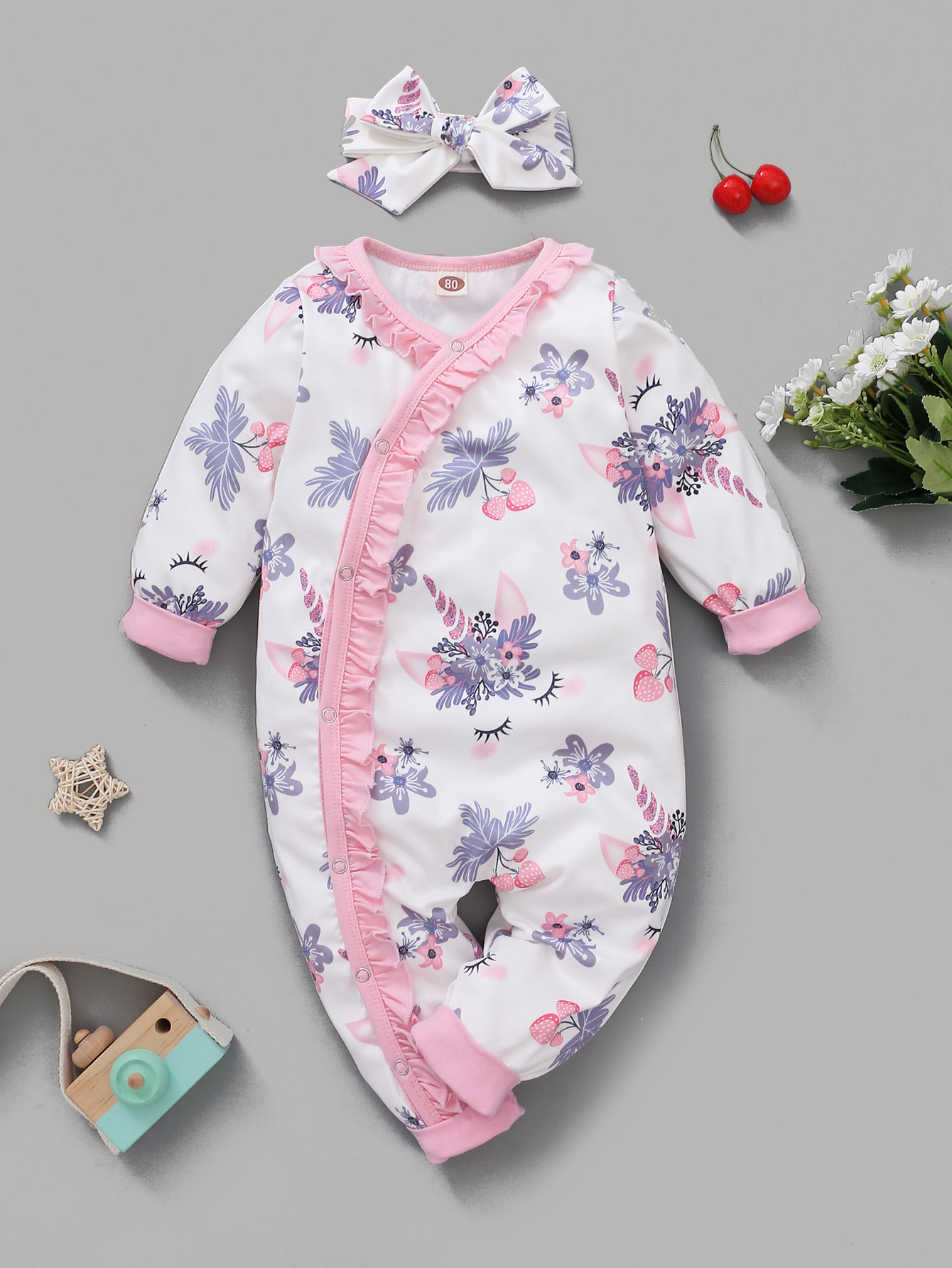 Summer Cotton Long-sleeved Non-hooded Pink Flower Print Baby Jumpsuit display picture 3