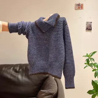 韩版撞色条纹加厚套头毛衣女外套秋冬季慵懒风宽松翻领针织衫上衣