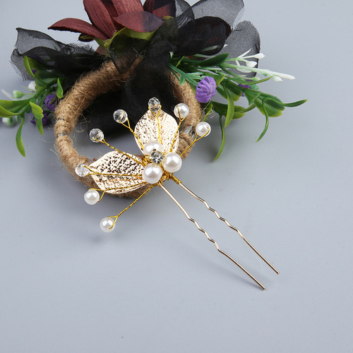 European and American golden leaf hair fork jewelry, wedding clothing, handmade hair accessories, crystal plate hair fork, U-shaped hairpin headpiece