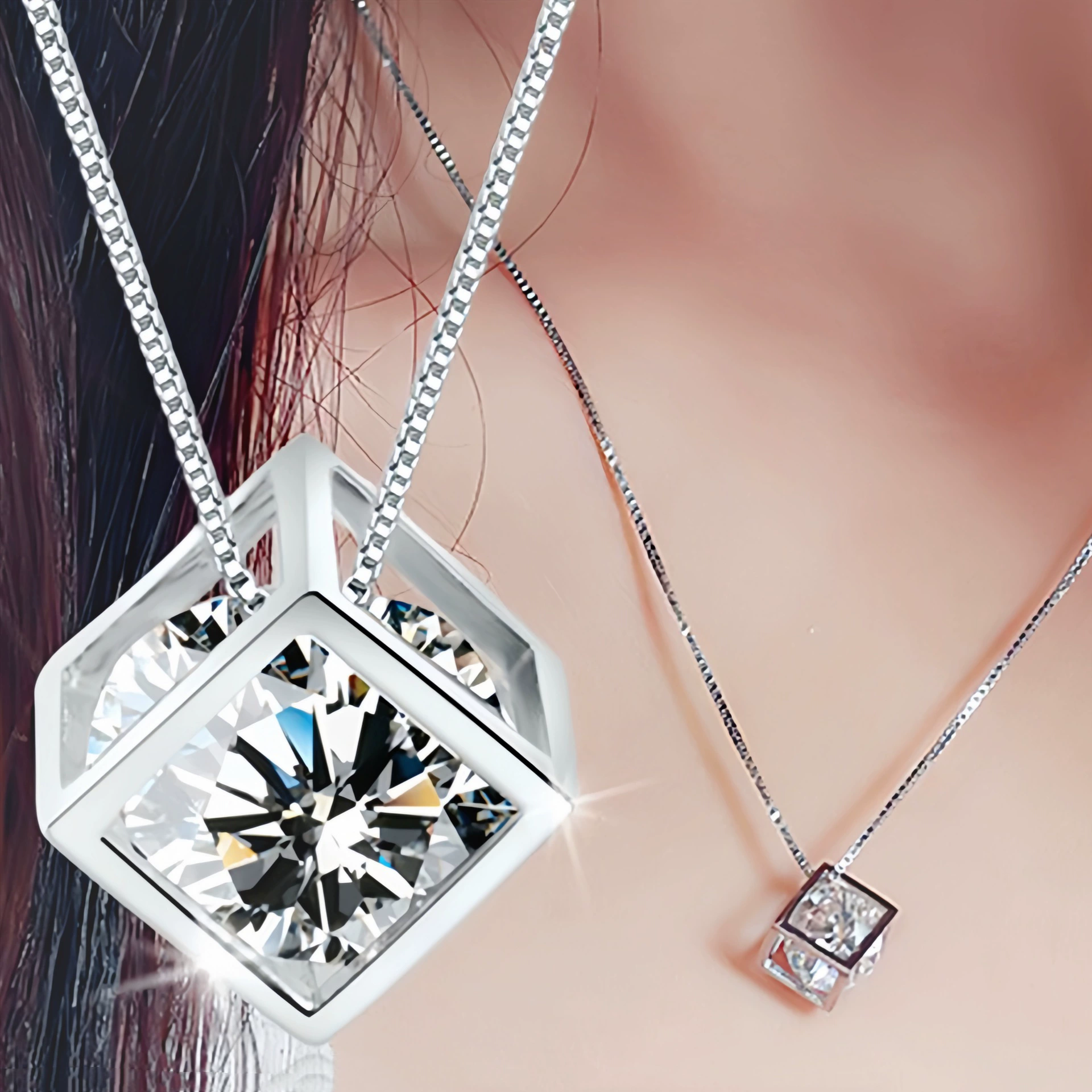 Square Pendant (Platinum) JDZ387, 2 ct simulated diamond, 1.3×1.0 cm