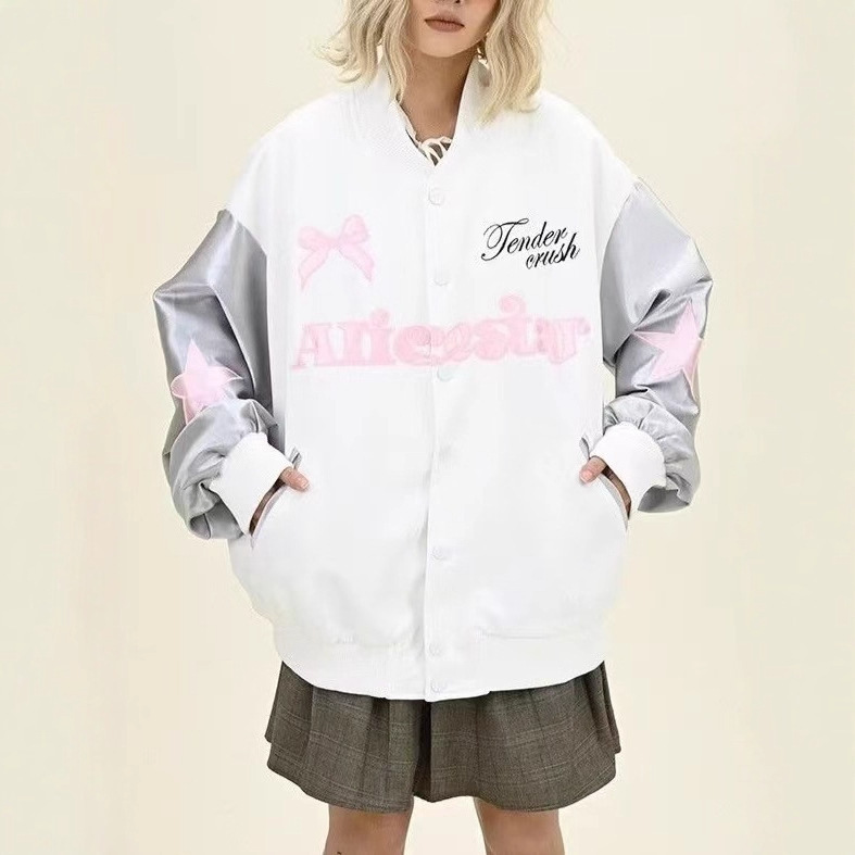 跨境棒球服慵懒潮流流行美式蝴蝶结星星刺绣男女夹克外贸卫衣外套|undefined