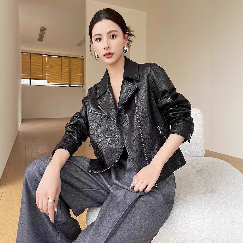 Spring and Autumn New Style Genuine Leather Lychee Pattern Sheepskin Leather Jacket Women's Short Fashion Motorcycle Jacket for Commuting