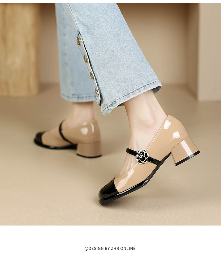 Giày Mary Jane nữ quai ngang cổ điển, gót vuông, mũi nhọn — AW107 mét Đen chi tiết 19