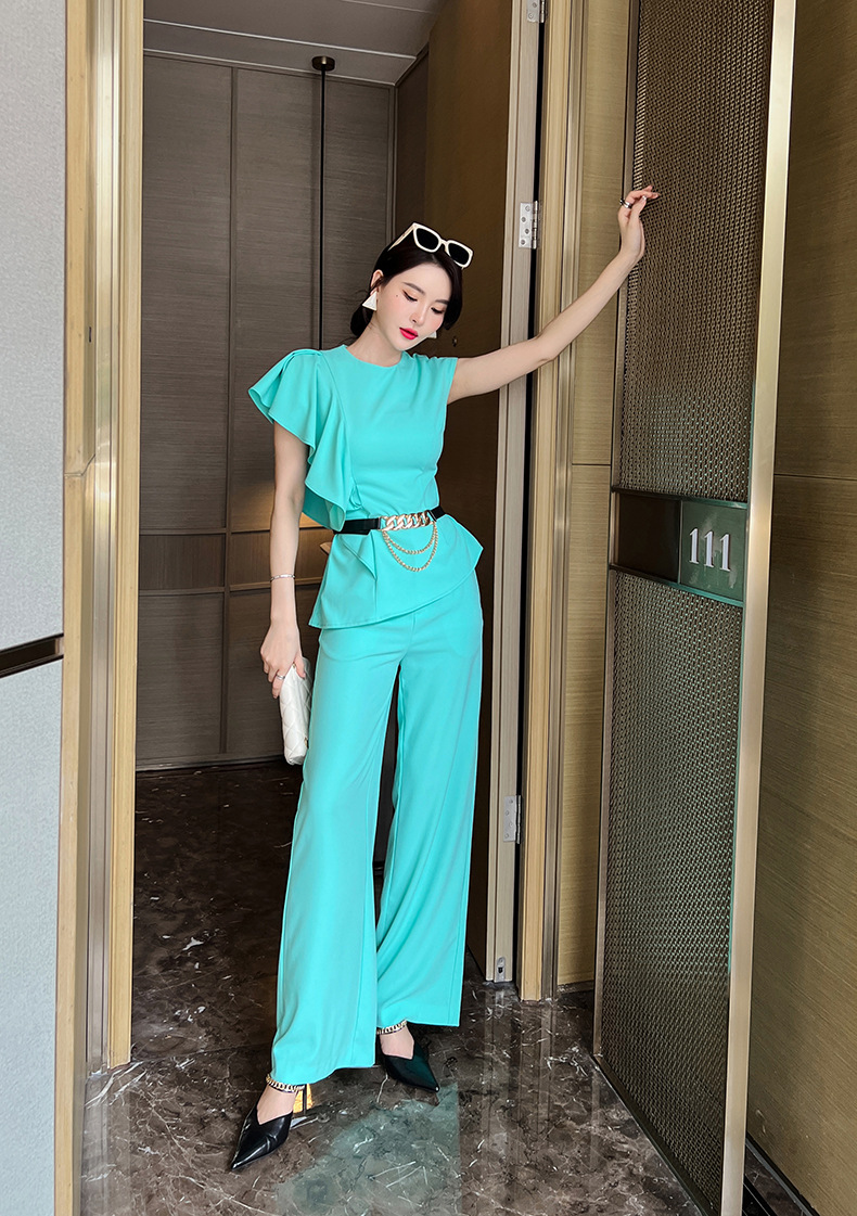 Bộ hai món áo ôm eo phối quần ống rộng cạp cao — Màu xanh nước hồ chi tiết 11