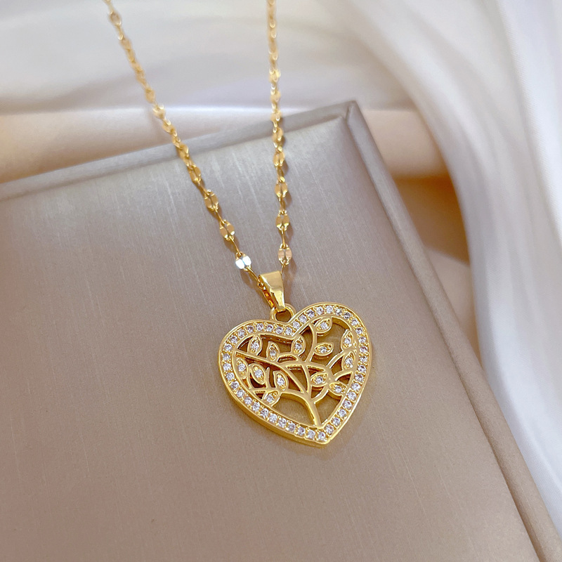 Sweet Heart Shape Stainless Steel Copper Inlay Zircon Pendant Necklace 1 Piece