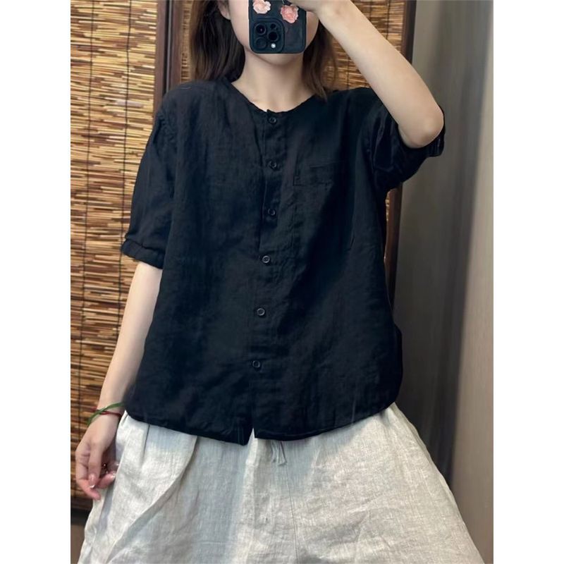 Round Neck Cotton Linen 2024 Short-sleeved Shirt Women's Summer New Retro Artistic Loose All-match Age-reducing Cardigan Top