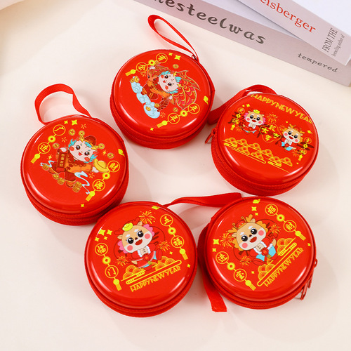 New Year Tinplate Coin Purse Round Headphone Bag Change Coin Children's Year of the Dragon Themed Gift Headphone Storage Bag