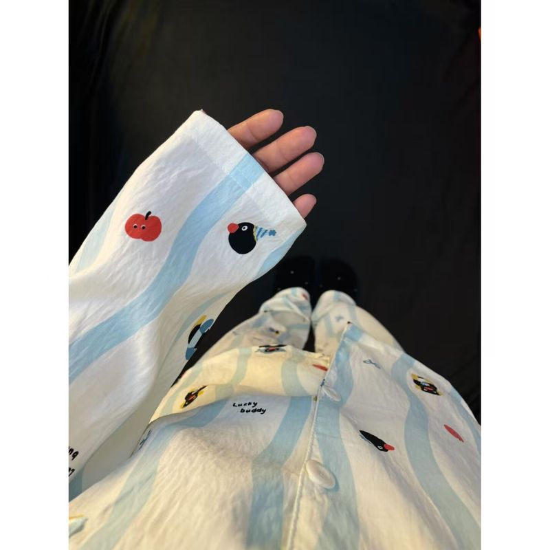 超萌卡通线条小狗睡衣女春秋季长袖长裤日系卡通学生家居服套装|undefined