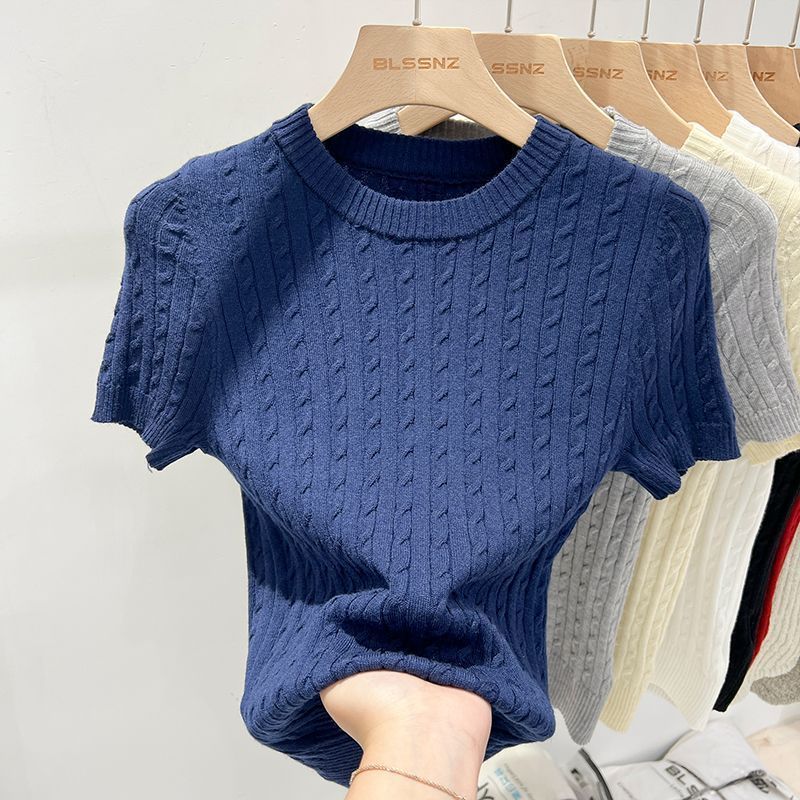 柔らかくワックスのようなラウンドネックロイヤルブルー半袖セーター女性用2025春夏韓国風ファッショナブルな気質スリムフィットトップトレンディ|undefined
