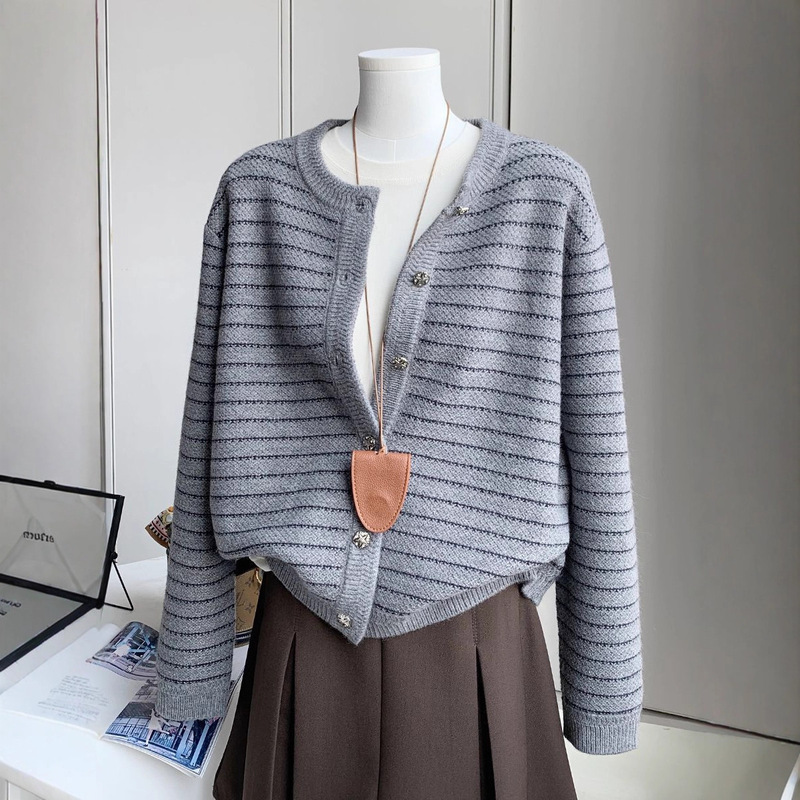 小香风百搭条纹针织开衫2025春秋新款女装宽松高级感叠穿毛衣外套|undefined