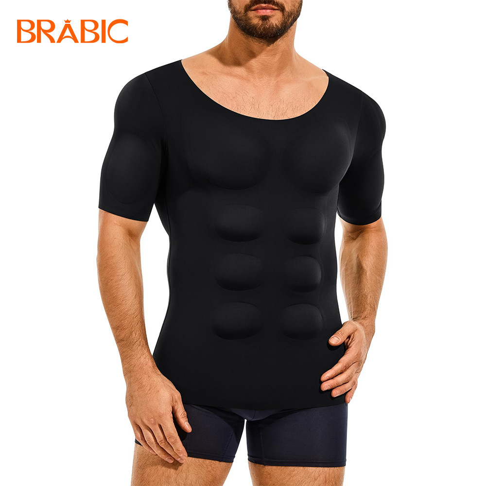 Europa y Estados Unidos transfronterizos músculo falso hombre camiseta de simulación invisible músculo pectoral falso ropa interior delgada abdomen ajustado manga corta base