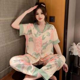 荷塘月色休闲睡衣女短袖冰雪丝轻奢风女士新款家居服长裤两件套装
