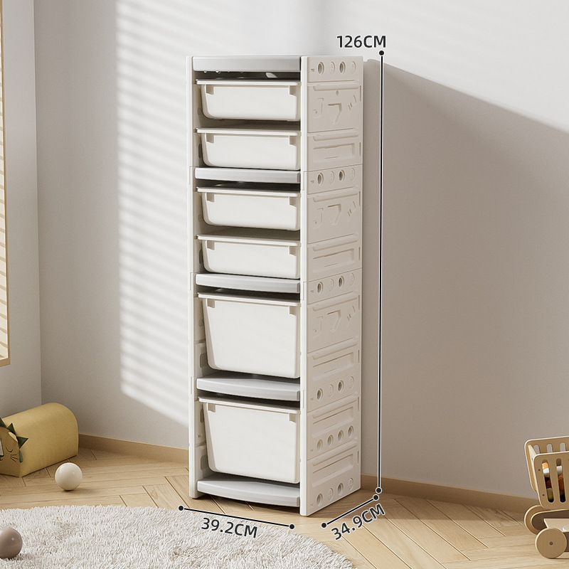 Juego de muebles infantiles de plástico con un armario de almacenamiento tipo cajonera de gran capacidad y varias capas para juguetes, para colocar contra la pared en la sala de estar.