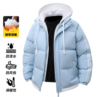 爆款连帽假两件棉衣男潮牌三条杠连帽棉衣多巴胺情侣针织连帽棉衣