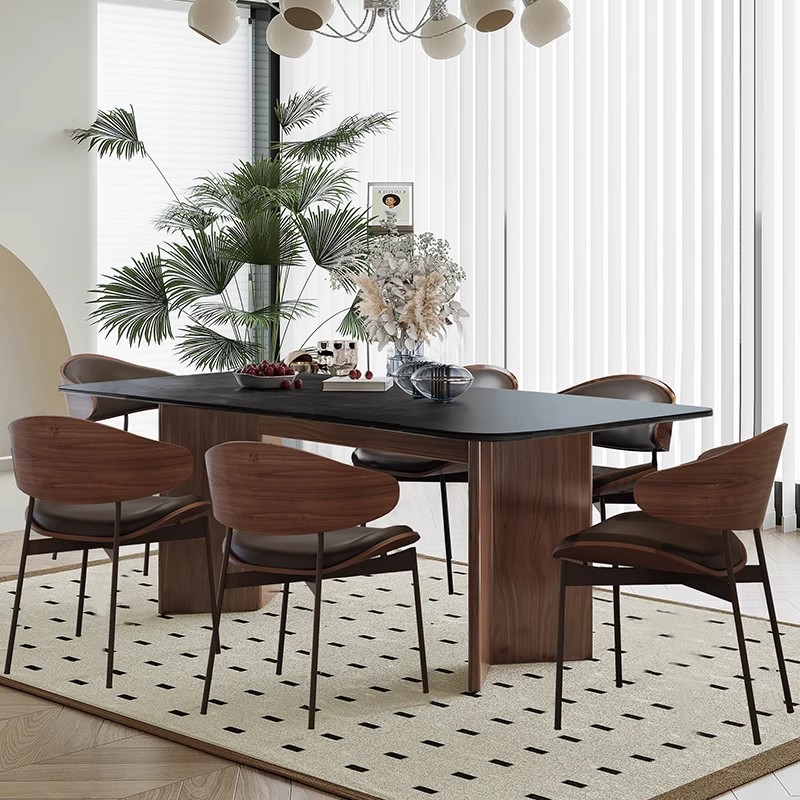 实木纯黑岩板餐桌复古风黑胡桃色意式家用吃饭桌诧寂风长方形餐桌